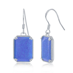 Sterling Silver Rectangle Blue Opal with beaded border Earrings