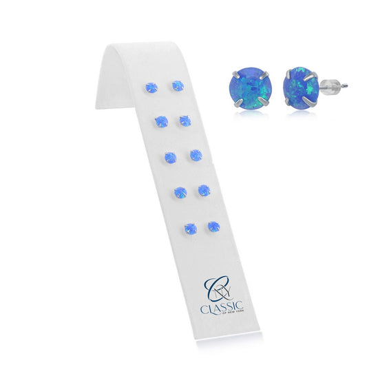 Set of 5, Sterling Silver Four-Prong Round 6mm Blue Opal Stud Earrings with Silicone Pushback
