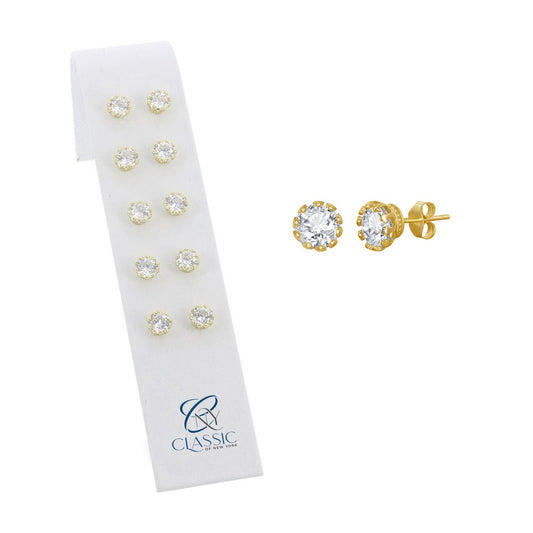 Set of 5 - Sterling Silver Crown Set Prong Round 7mm CZ Stud Earrings - Gold Plated