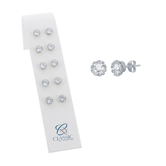 Set of 5 - Sterling Silver Crown Set Prong Round 7mm CZ Stud Earrings