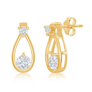Sterling Silver Open Pearshaped Round CZ  Earrings - Gold Plated