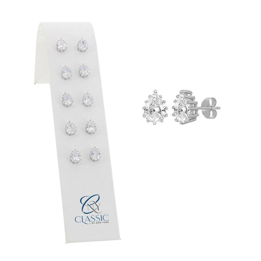 Set of 5, Sterling Silver Pronged 9x7mm Pear-Shaped CZ Stud Earrings