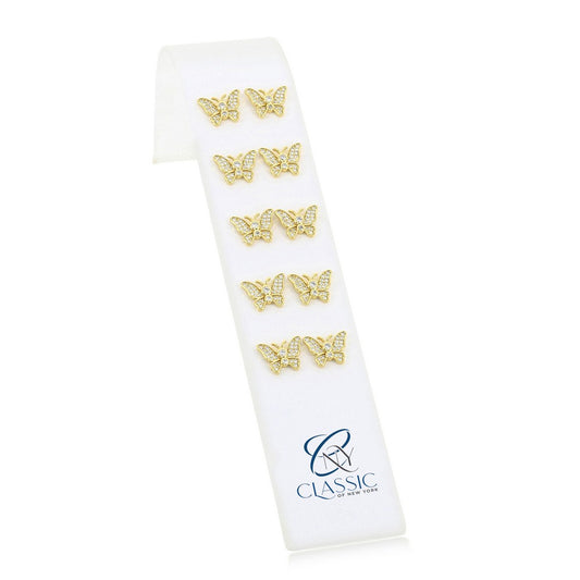 Set of 5 Sterling Silver CZ Butterfly Stud Earrings on a Ramp - Gold Plated