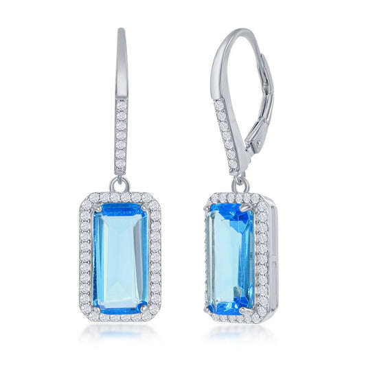 Sterling Silver Emerald-Cut Aqua CZ with Halo Earrings