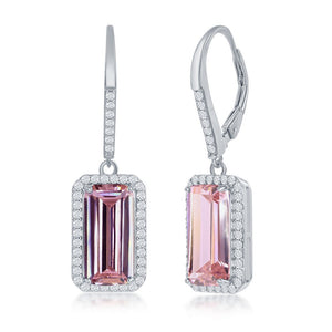 Sterling Silver Emerald-Cut Pink CZ with Halo Earrings