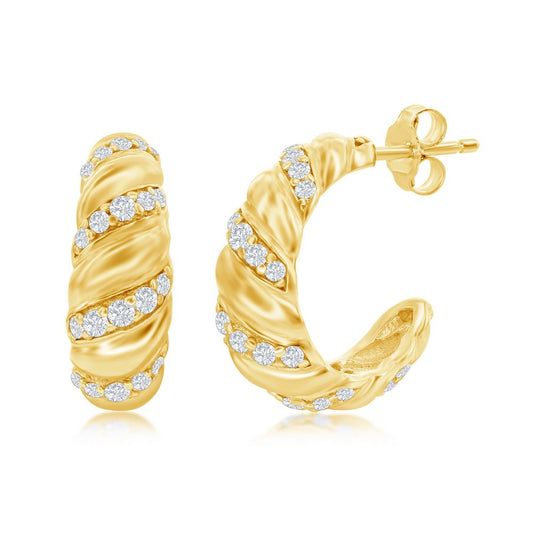Sterling Silver 15mm Croissant CZ Hoop Earrings - Gold Plated