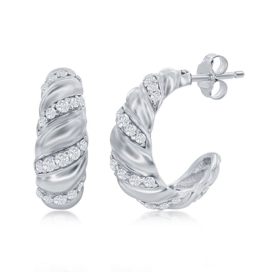 Sterling Silver 15mm Croissant CZ Hoop Earrings