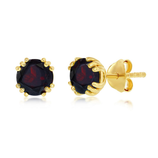 Sterling Silver January Birthstone Round 6mm Gem, Gold Plated Stud Earrings - Garnet (2.02cttw)