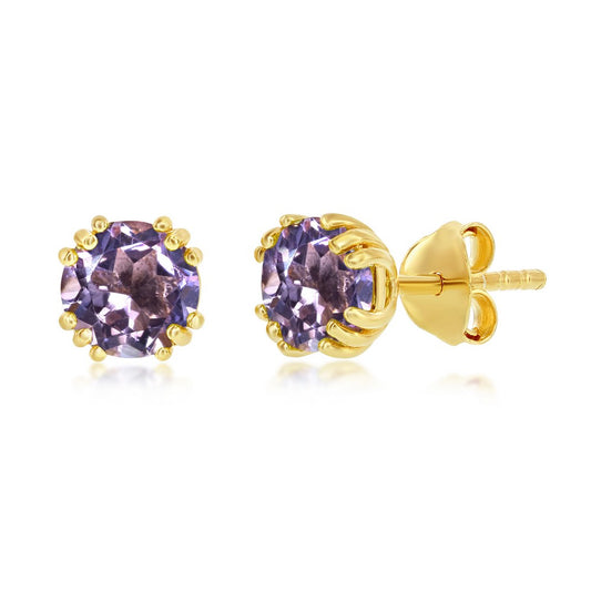 Sterling Silver February Birthstone Round 6mm Gem, Gold Plated Stud Earrings - Amethyst (1.5cttw)