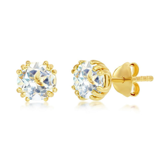 Sterling Silver April Birthstone 6mm Round Gem, Gold Plated Stud Earrings - White Topaz (2.0cttw)