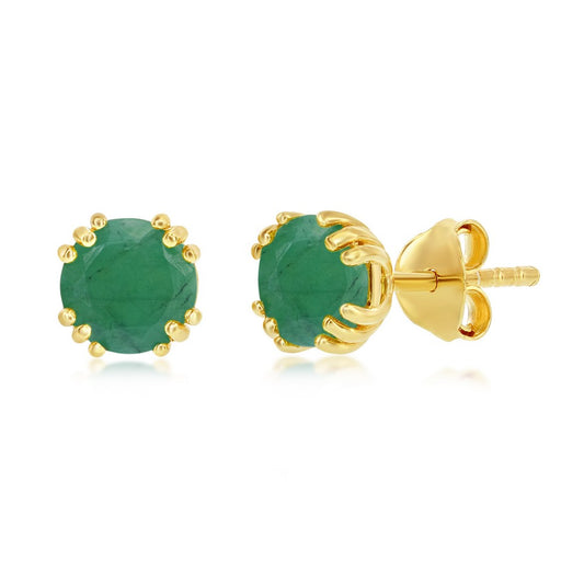 Sterling Silver May Birthstone 6mm Round Gem, Gold Plated Stud Earrings - Emerald (1.8cttw)