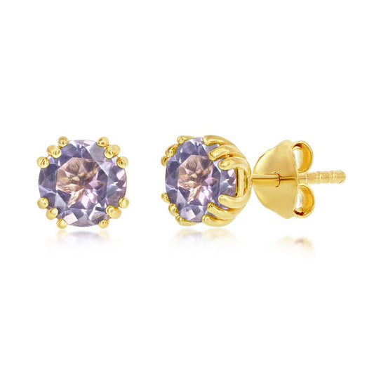 Sterling Silver June Birthstone 6mm Round, Gold Plated Stud Earrings - Created Alexandrite