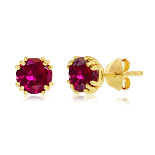 Sterling Silver July Birthstone 6mm Round Gem, Gold Plated Stud Earrings - Created Ruby