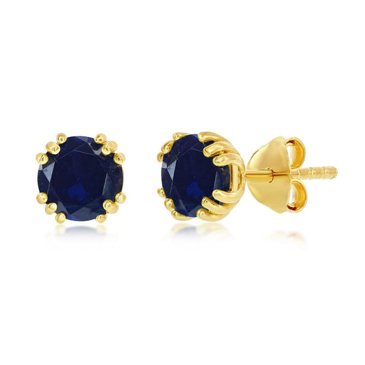 Sterling Silver September Birthstone 6mm Round, Gold Plated Stud Earrings - Created Nano Sapphire