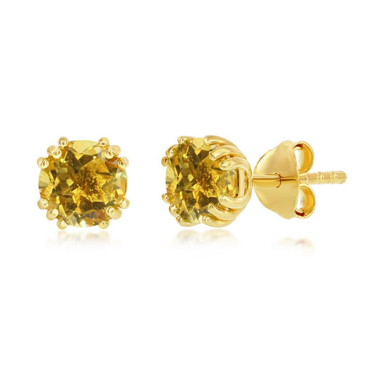Sterling Silver November Birthstone 6mm Round Gem, Gold Plated Stud Earrings - Citrine (1.4cttw)