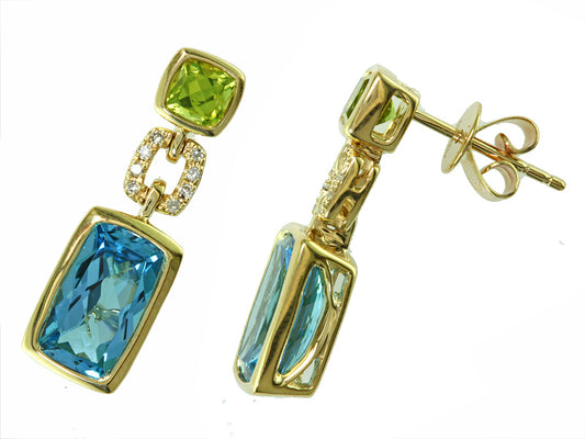 EFFY 14K YELLOW GOLD DIAMOND,BLUE TOPAZ,PERIDOT EARRINGS