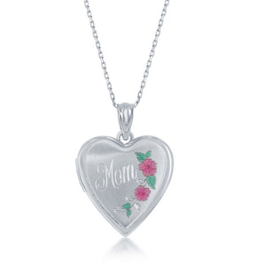 Sterling Silver Matte Mom Heart Locket With chain