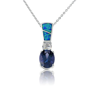 Sterling Silver Blue Inlay Opal With  Small Circle and Large Oval Tanzanite Pendant