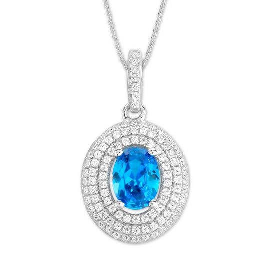 Sterling Silver Oval Clear CZ Border with Center Bright Blue CZ Pendant