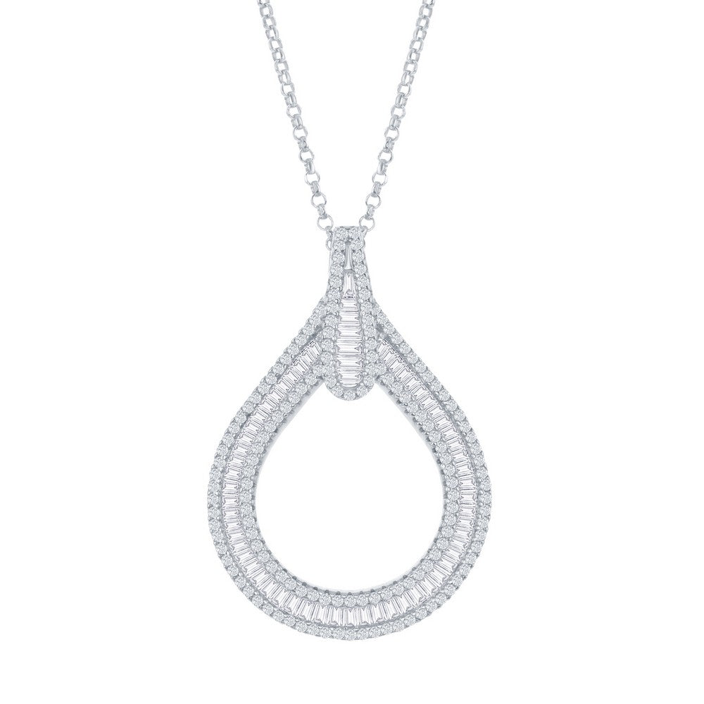 Sterling Silver Large Open Baguette CZ with Pave Border Teardrop Pendant With Chain