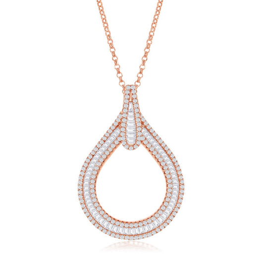 Sterling Silver RG Large Open Baguette CZ with Pave Border Teardrop Pendant With Chain