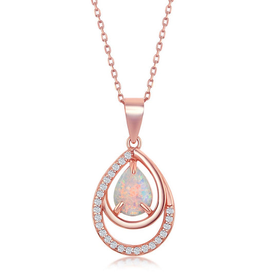 Sterling Silver Plated CZ Double Pear-Shaped White Opal Pendant -  Rose Gold