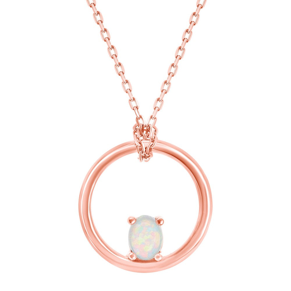 Sterling Silver Open Circle with Four-Prong White Opal Oval Pendant With Chain - Rose Gold Plated