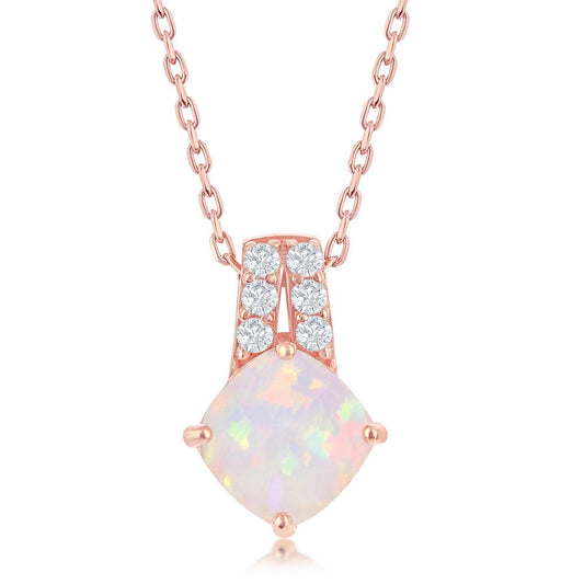 Sterling Silver Double Row CZ Four-Prong Diamond-Shaped White Opal Pendant - Rose Gold Plated