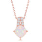 Sterling Silver Double Row CZ Four-Prong Diamond-Shaped White Opal Pendant - Rose Gold Plated