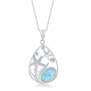 Sterling Silver pear-Shaped Starfish Blue CZ and Larimar Pendant