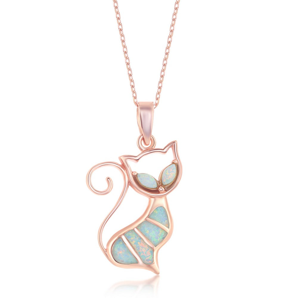 Sterling Silver White Inlay Opal Cat Pendant - Rose Gold Plated