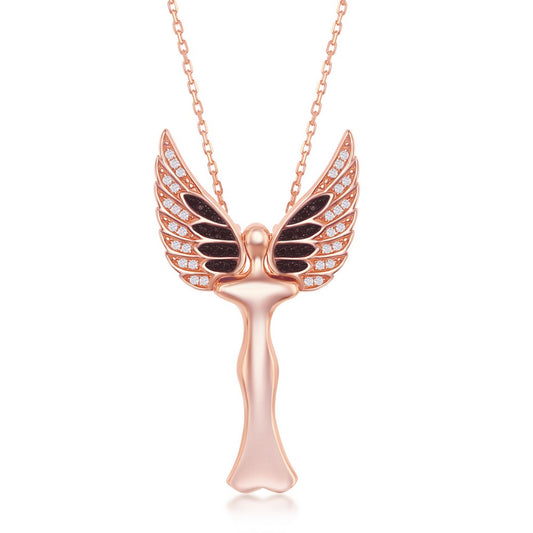 Sterling Silver CZ Angel Pendant With Movable Wings - Rose Gold Plated
