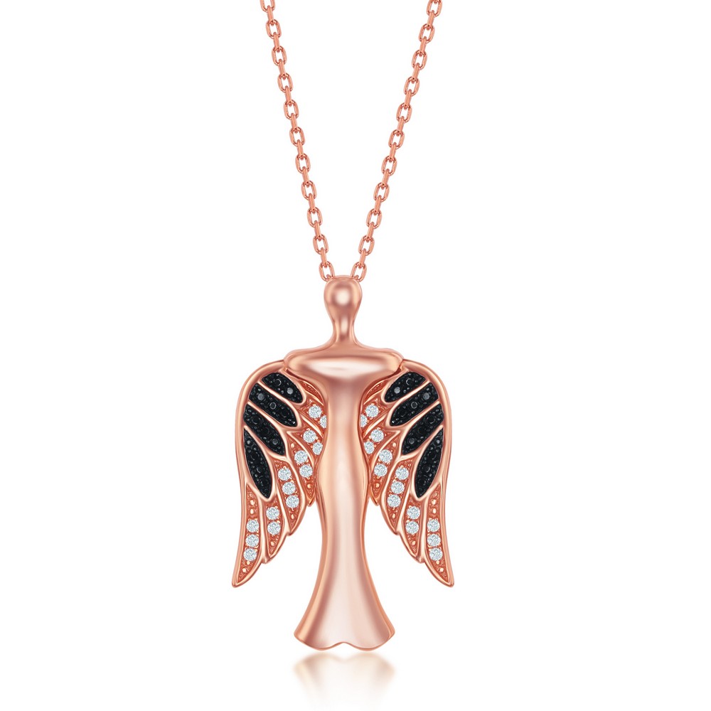 Sterling Silver CZ Angel Pendant With Movable Wings - Rose Gold Plated