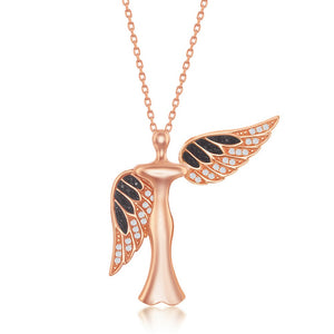 Sterling Silver CZ Angel Pendant With Movable Wings - Rose Gold Plated
