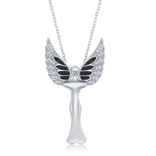 Sterling Silver CZ Angel  Pendant With Movable Wings - Rhodum Plated