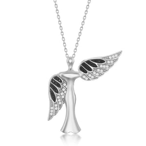 Sterling Silver CZ Angel  Pendant With Movable Wings - Rhodum Plated