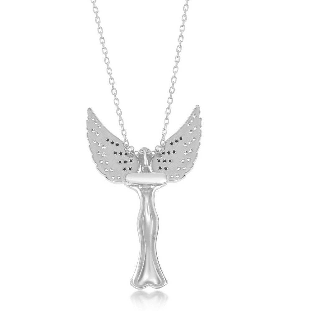 Sterling Silver CZ Angel  Pendant With Movable Wings - Rhodum Plated
