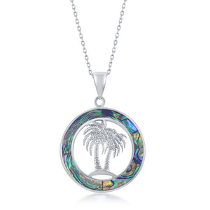 Sterling Silver Palm Trees Abalone Circle Pendant With Chain