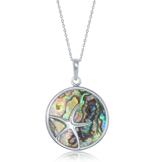 Sterling Silver Starfish Round Abalone Pendant With Chain