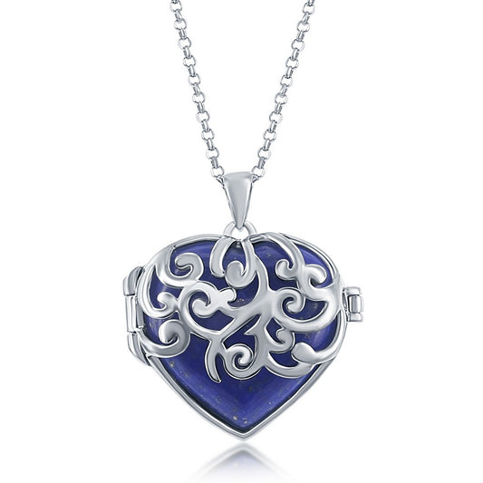 Sterling Silver Designed Heart Locket With Chain - Lapis
