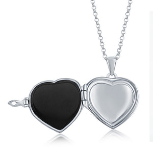 Sterling Silver Designed Heart Locket With Chain - Black Agate