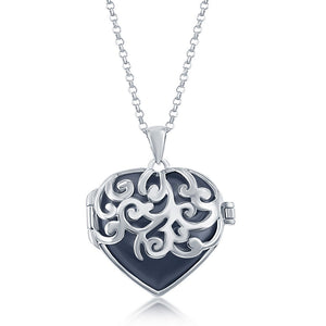 Sterling Silver Designed Heart Locket With Chain - Black Agate