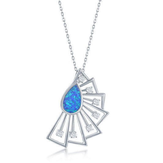 Sterling Silver Pearshaped Blue Inlay Opal Round CZ Fan Pendant