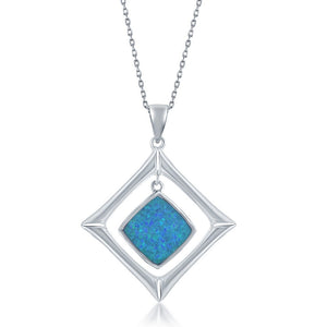 Sterling Silver Double Diamond-Shaped Blue Inlay Opal Pendant