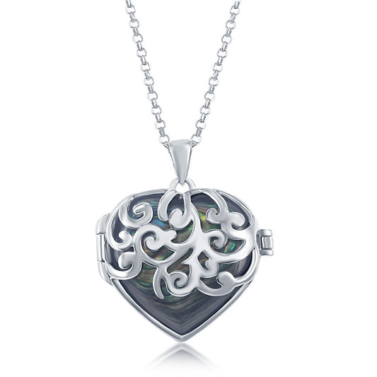 Sterling Silver Designed Heart Locket With Chain - Abalone
