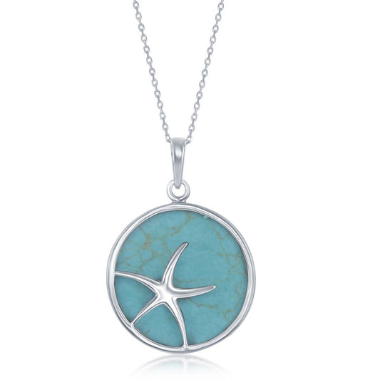 Sterling Silver Starfish Round Turquoise Pendant With Chain