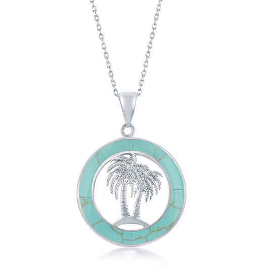 Sterling Silver Palm Trees Created Turquoise Circle Pendant With Chain