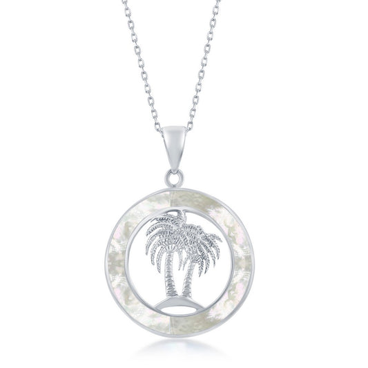 Sterling Silver Palm Trees White MOP Circle Pendant With Chain