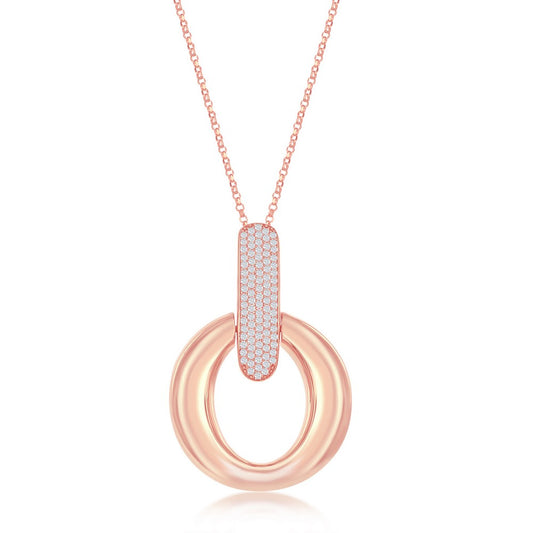 Sterling Silver Large Polished Door-Knocker Pave Pendant With Chain - Rose Gold Plated