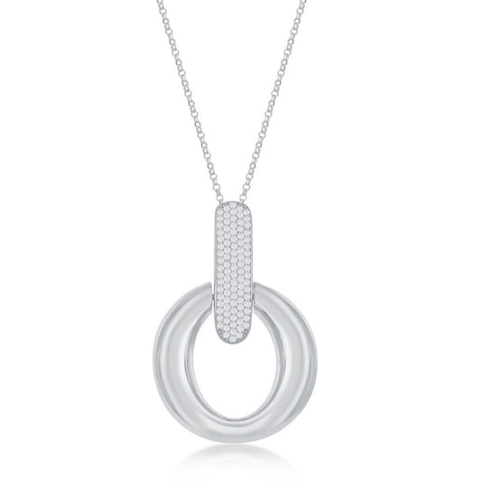 Sterling Silver Large Polished Door-Knocker Pave Pendant With Chain